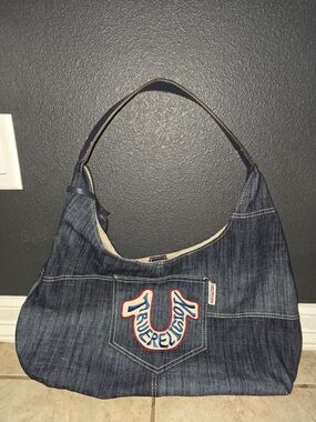 True Religion Dark Blue Denim Shoulder Bag with Red & White Logo